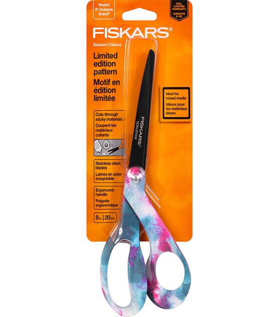 Fiskars 8" Bent Decorative Non Stick Pink Blue Tiedye Scissors, , hi-res, image 5