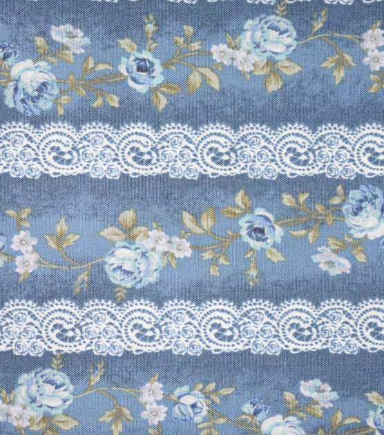 Floral Lace Stripe Blue Metallic Premium Cotton Vintage Fabric, , hi-res, image 2