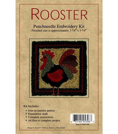 Rooster Punch Needle Kits 3 3/8 x 3 3/8 Rachel's of Greenfield Punch Needle Embroidery Kit 