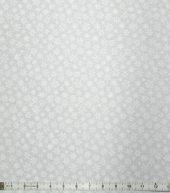 White Snowflakes on Gray Christmas Glitter Cotton Fabric