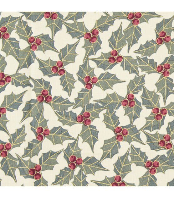Metallic Holly Leaves & Berries Christmas Cotton Fabric