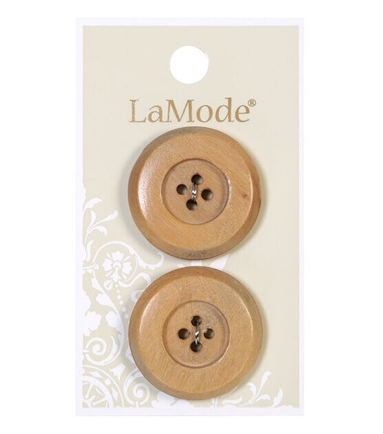 La Mode 1 1/8" Tan Wood 4 Hole Buttons 2pk, , hi-res, image 1