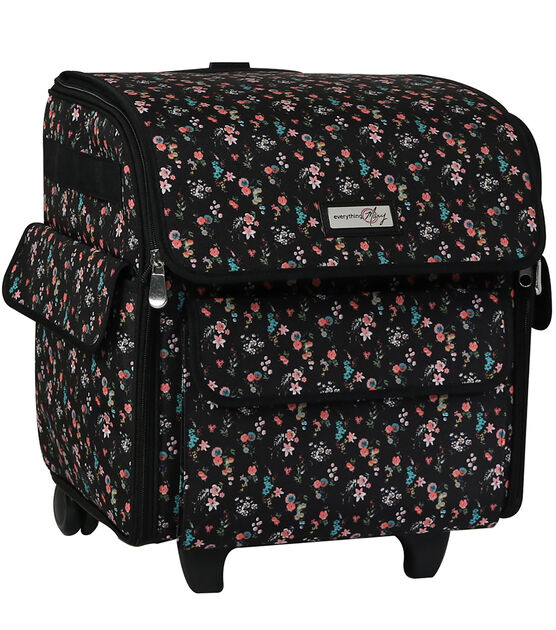 Everything Mary 15 Floral on Black Rolling Serger Machine Storage Case