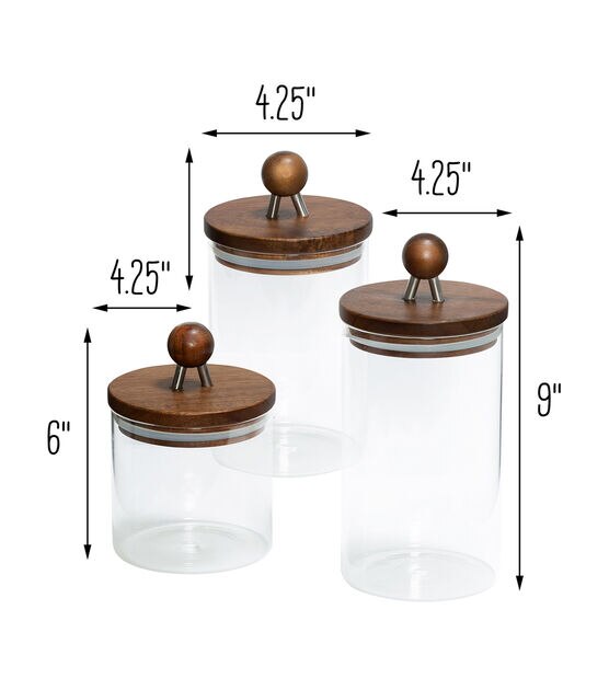 Honey Can Do 4" x 9" 3ct Glass Canisters & Wood Acacia Lids, , hi-res, image 3