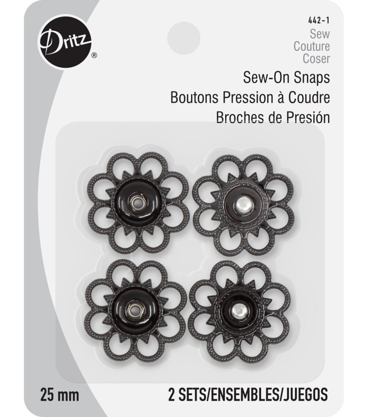 Black Dritz 442-1 Sew-On Snaps with Flower Design Size 25mm 2-Sets 