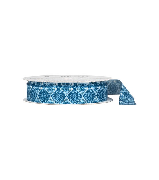 Offray 5/8" x 9' Blue Medallion Single Faced Satin Ribbon