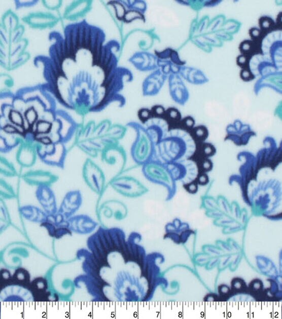 Blue Jacobean Floral Anti Pill Fleece Fabric, , hi-res, image 3