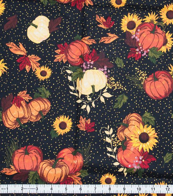Flowers & Pumpkins On Black Dot Fall Print Cotton Fabric