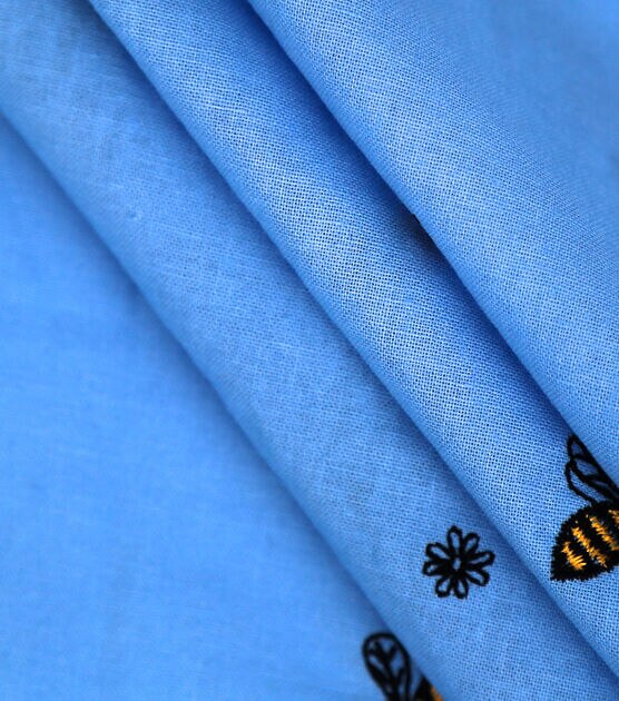 Embroidered Bees & Floral on Blue Quilt Cotton Fabric by Keepsake Calico, , hi-res, image 2
