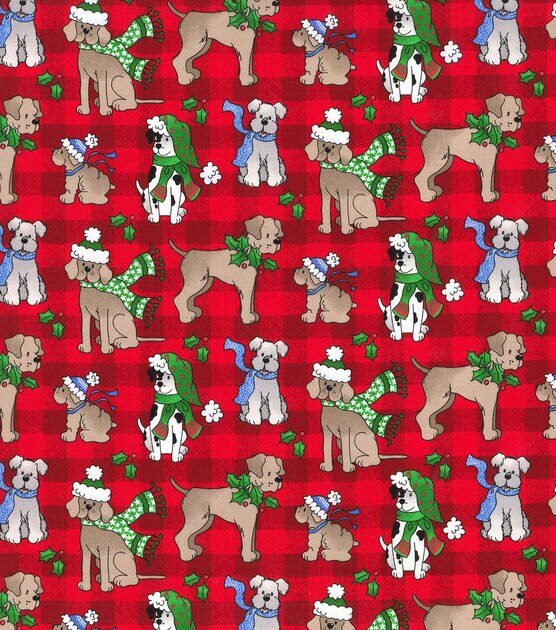 Fabric Traditions Pups on Red Plaid Christmas Cotton Fabric, , hi-res, image 2