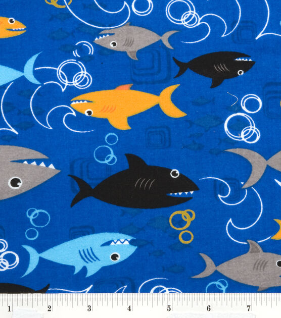 Novelty Cotton Fabric  Sharks on Blue