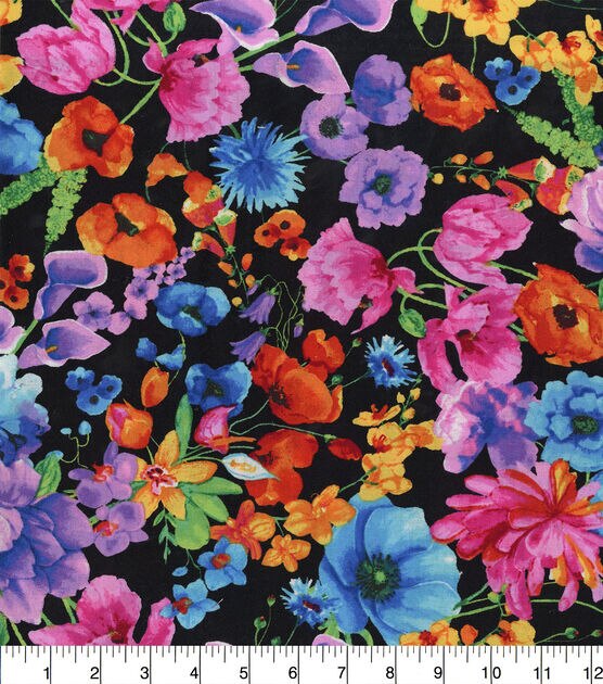 Hi Fashion Vibrant Floral On Black Medium Premium Print Cotton Fabric, , hi-res, image 2