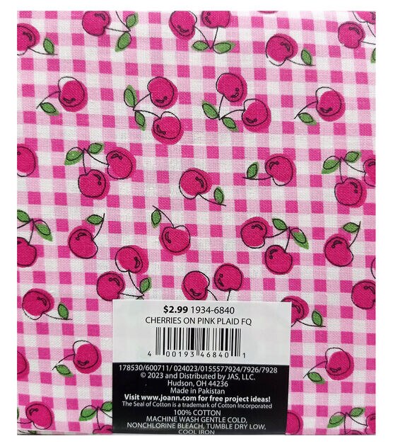 Cherries On Pink Plaid Cotton Fabric Quarter, , hi-res, image 2