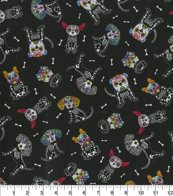Hi Fashion Sugar Skull Dogs Halloween Cotton Fabric, , hi-res, image 2