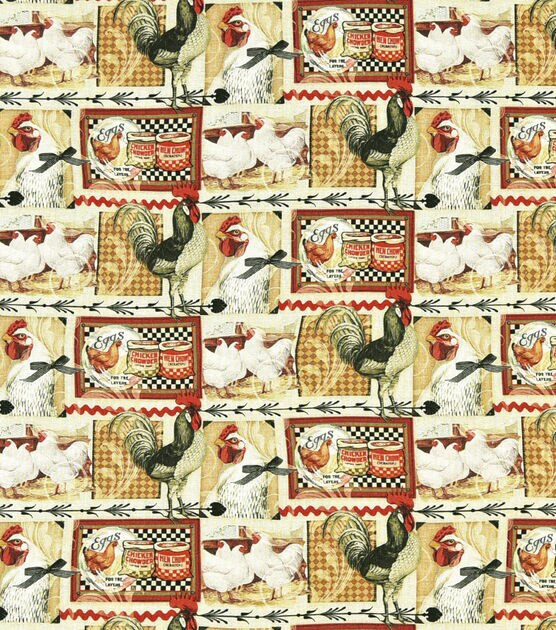 Multi Roosters Red Novelty Cotton Fabric