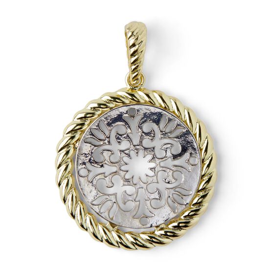 Gold Circle Pendant With Silver Scroll Cutout by hildie & jo, , hi-res, image 2