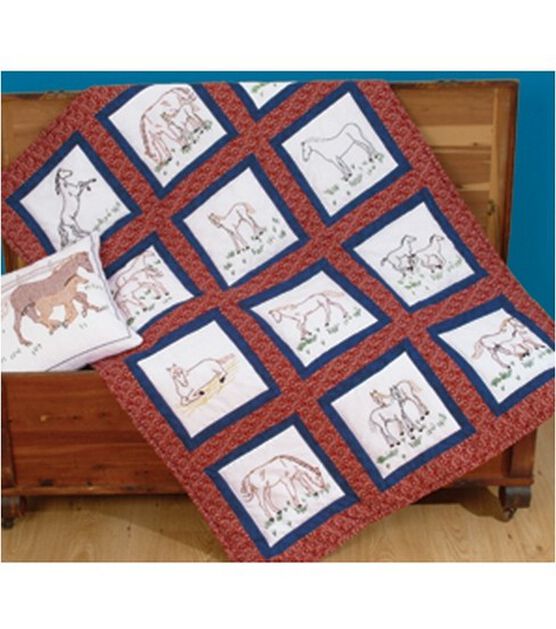 Jack Dempsey Needle Art 9" Horses Themed Stamped White Quilt Blocks 12ct