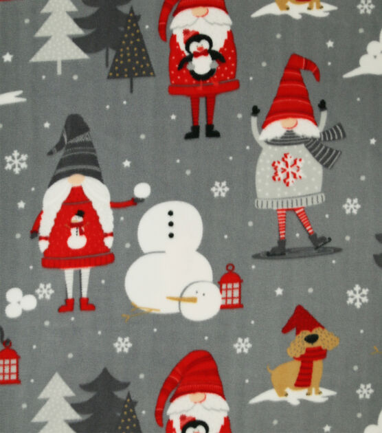 Winter Gnomes on Gray Anti Pill Fleece Fabric