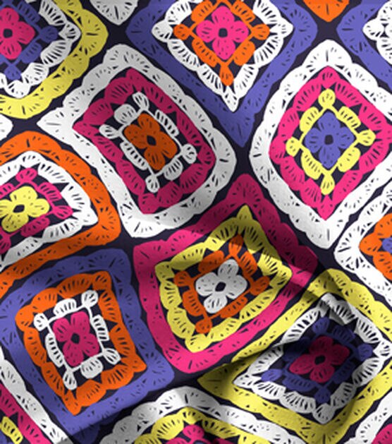 Multi Floral Squares Silky Print Fabric, , hi-res, image 1