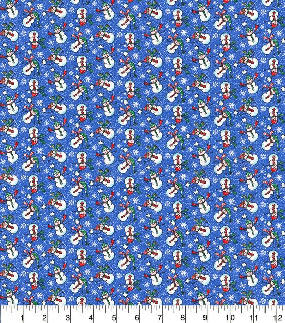 Fabric Traditions Tossed Snowmen on Blue Christmas Glitter Cotton Fabric