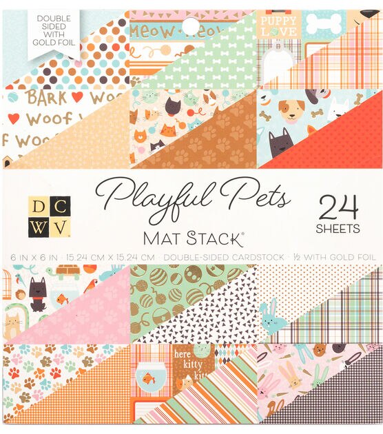 DCWV 24 Sheet 6" x 6" Playful Pets Double Sided Cardstock With Gold Foil