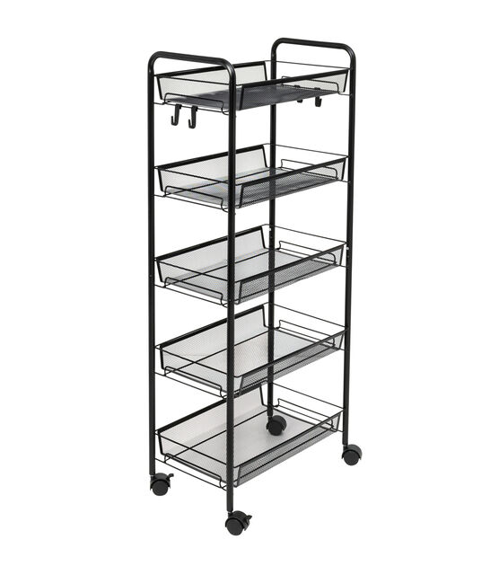 Honey Can Do 17.5" x 41" Black 5 Tier Storage Cart With 4 Hooks & Wheels, , hi-res, image 5
