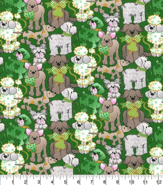 Fabric Traditions Shamrock Dogs Glitter Green St. Patrick's Day Cotton Fabric