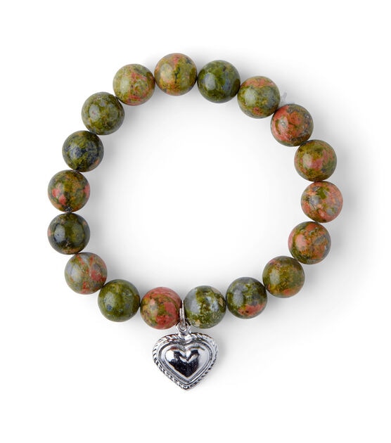 Green Beaded Stretch Bracelet With Silver Heart Charm by hildie & jo, , hi-res, image 2