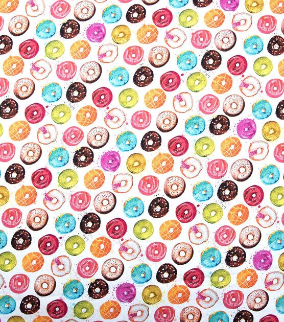 Rainbw Donuts On White Novelty Cotton Fabric