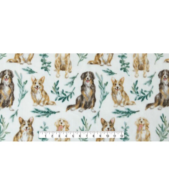 Dogs & Leaves on White Anti Pill Fleece Fabric, , hi-res, image 4