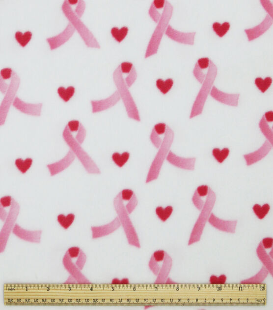 Pink Ribbons & Hearts on White Anti Pill Fleece Fabric, , hi-res, image 3