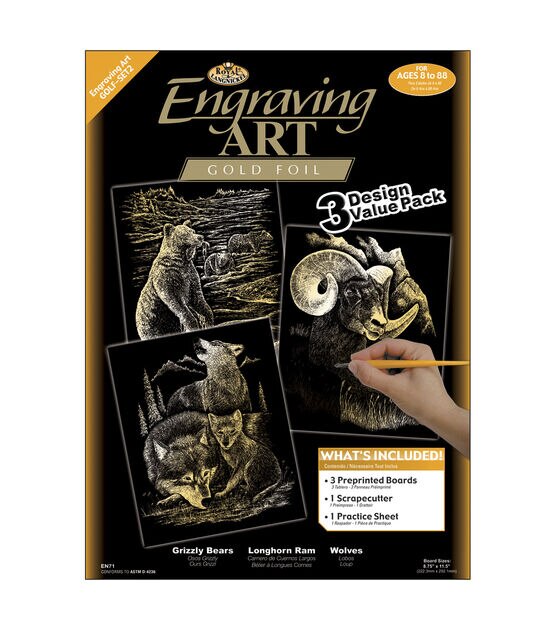 Royal Brush Engraving Art Value Pack 3PK Grizzly Bears, Rams, Wolves