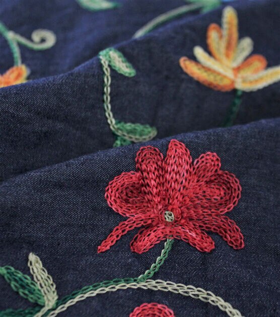 Multicolor Floral Embroidered Cotton Denim Fabric, , hi-res, image 4