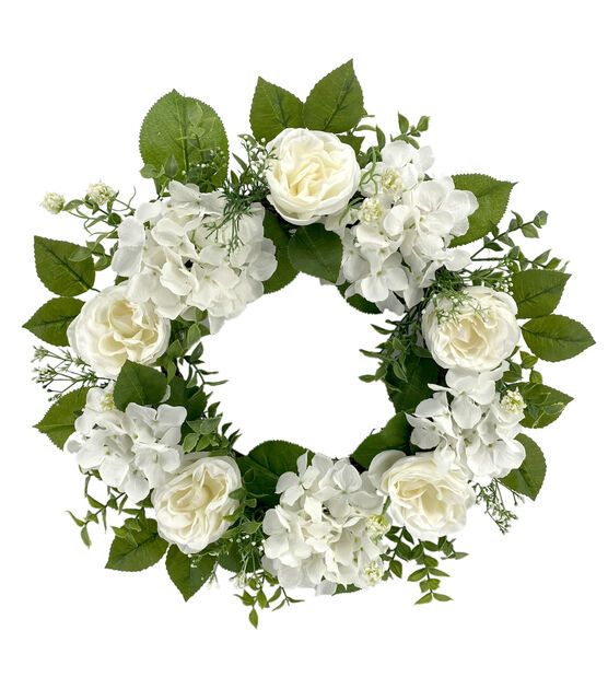 21" Spring White Rose & Hydrangea Wreath by Bloom Room