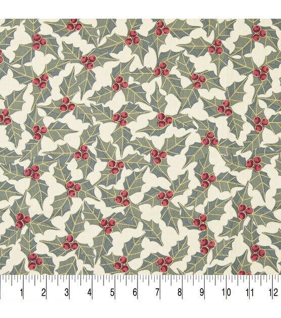 Metallic Holly Leaves & Berries Christmas Cotton Fabric, , hi-res, image 3