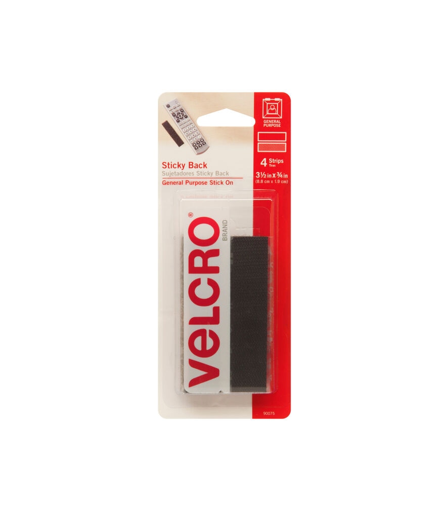 VELCRO Brand Sticky Back Tape 4pcs 0.75''x3.5'', Black, swatch