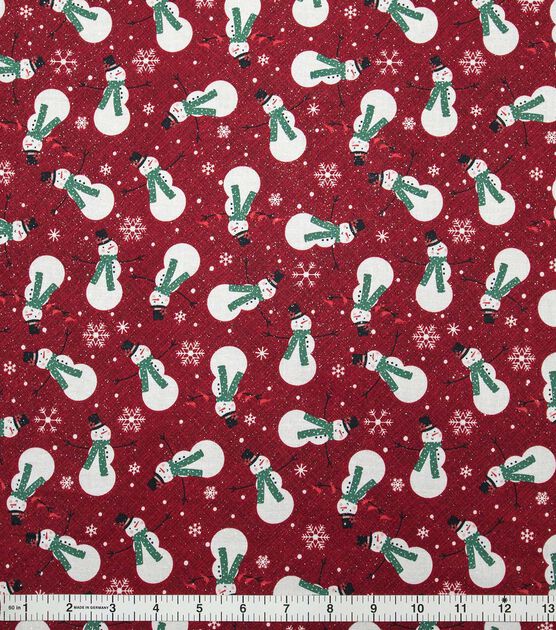 Snowmen & Snowflakes on Red Christmas Glitter Cotton Fabric