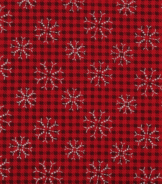 Stitched Snowflakes on Red Christmas Cotton Fabric