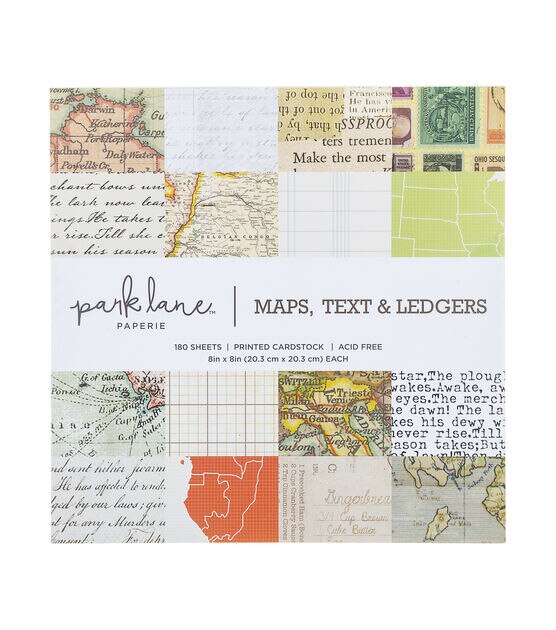 180 Sheet 8" x 8" Maps & Ledgers Cardstock Paper Pack by Park Lane