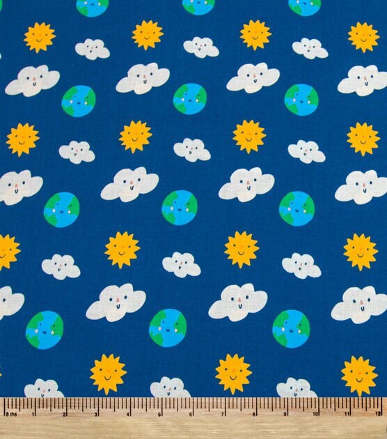 POP! Happy Sun Clouds And Earth On Blue Novelty Cotton Fabric | JOANN