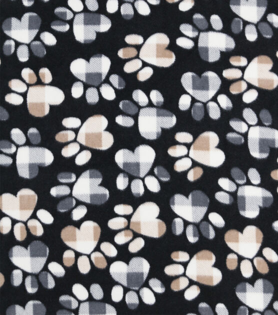 Patterned Paws on Black Anti Pill Fleece Fabric, , hi-res, image 2