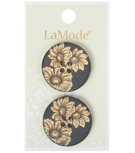 La Mode 1" Gold Flowers on Black 4 Hole Buttons 2pk