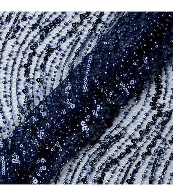 Badgley Mischka Navy Beaded Sequin Mesh Fabric, , hi-res, image 4