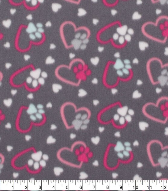 Blizzard Fleece Fabric Pink Gray Paws And Hearts