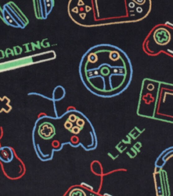 Neon Gaming Accessories on Black Anti Pill Fleece Fabric