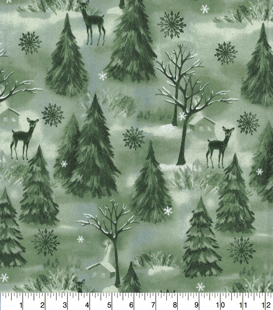 Fabric Traditions Green Glitter Winter Forest Christmas Cotton Fabric