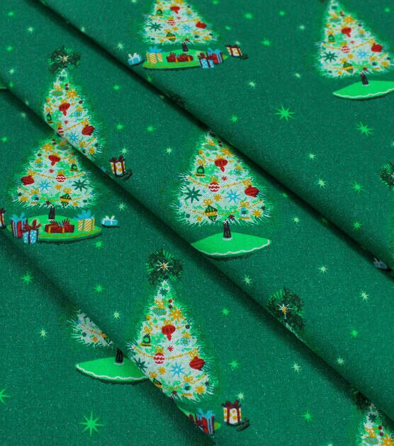 Trees on Green Christmas Glitter Cotton Fabric, , hi-res, image 2