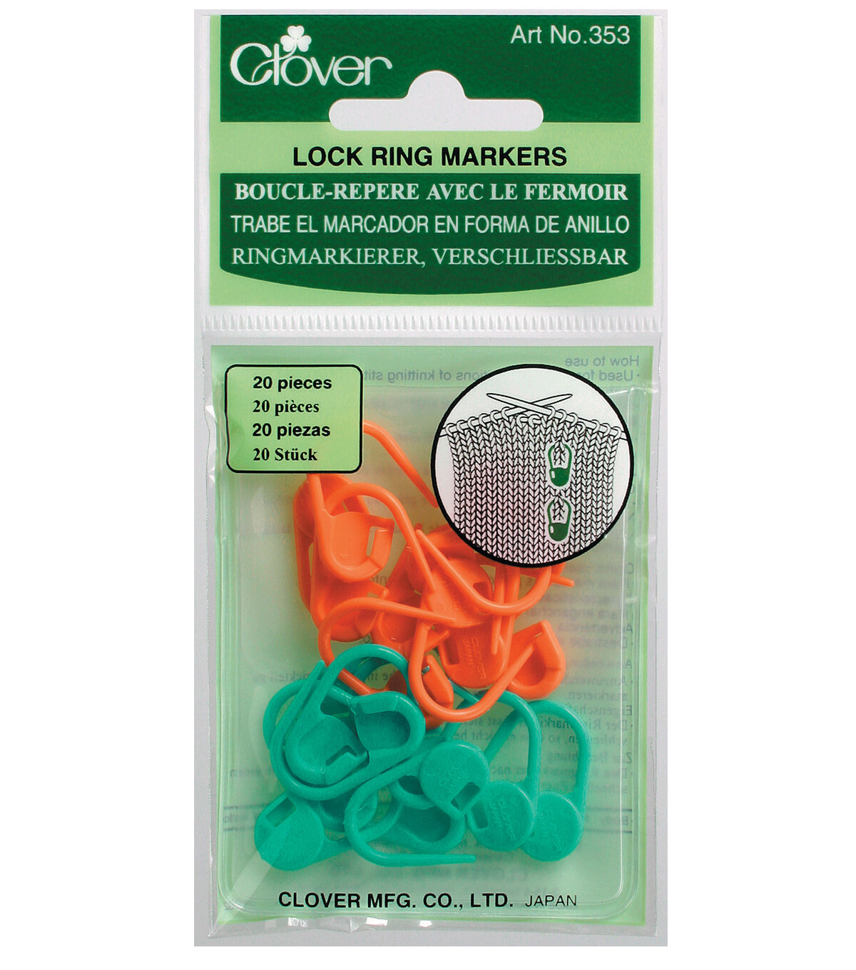 Clover 3165 Locking Stitch Markers Pack of 6 with Clip 2 colours 