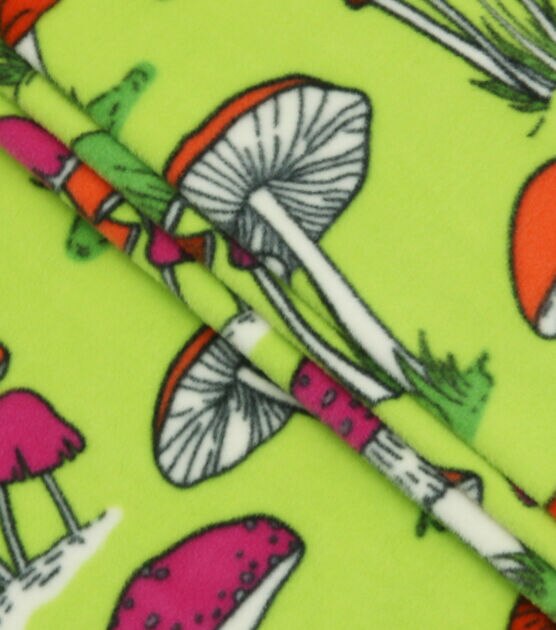 Funky Mushrooms on Green Anti Pill Fleece Fabric, , hi-res, image 2