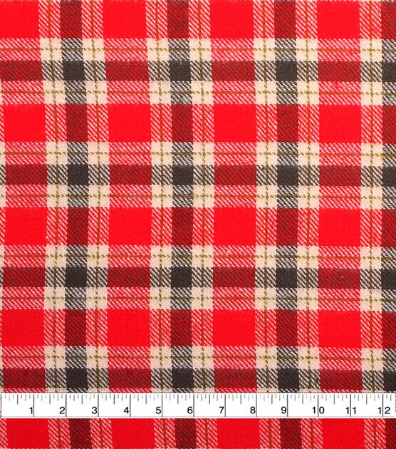 Shirting Cotton Flannel Fabric Red, Green & Cream Plaid, , hi-res, image 2
